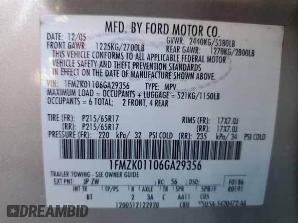 2006 Ford Freestyle SE с VIN 1FMZK01106GA29356, выставлен на аукционе Copart как лот 67830465 с пробегом 217 615 миль миль и Чистый • Clean title. История ставок и продаж доступна на DreamBid. Изображение 13.