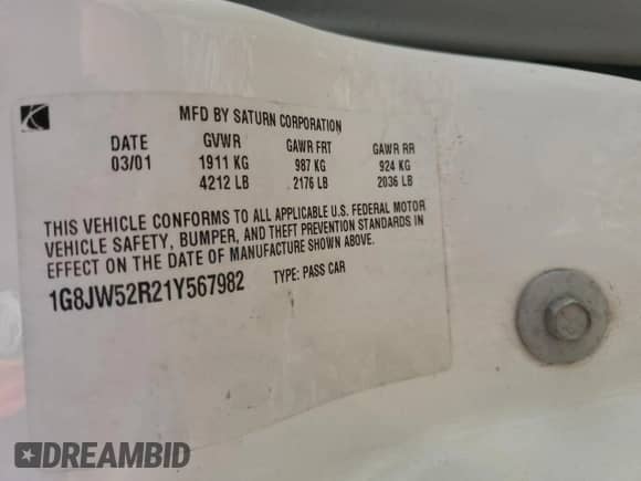 2001 Saturn LS with VIN 1G8JW52R21Y567982, listed as a Copart auction lot 67913024 with 124,198 mi miles and Salvage title. Bid and sale history available at DreamBid. Image 12.