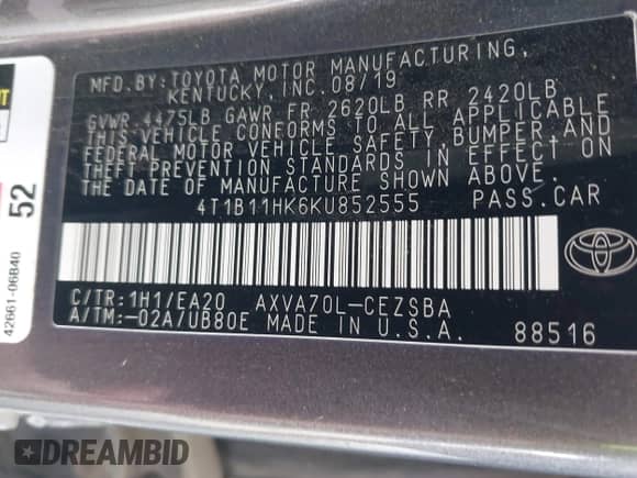 2019 Toyota Camry SE z VIN 4T1B11HK6KU852555, wystawiony jako IAAI lot #43365453 z przebiegiem 171 578 mil mil oraz . Historia ofert i sprzedaży dostępna na DreamBid. Obrazek 9.