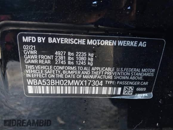 2021 BMW 5 Series 530i with VIN WBA53BH02MWX17304, listed as a IAAI auction lot 43012524 with 37,491 mi miles and . Bid and sale history available at DreamBid. Image 9.
