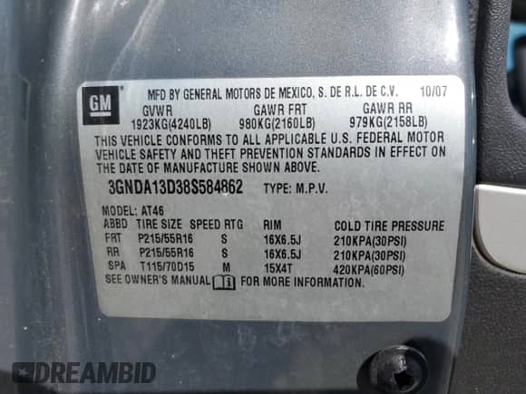 2008 Chevrolet HHR LS с VIN 3GNDA13D38S584862, выставлен на аукционе Copart как лот 66838864 с пробегом Не указан миль и Списание • Salvage title. История ставок и продаж доступна на DreamBid. Изображение 13.