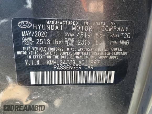 2020 Hyundai Sonata Blue с VIN KMHL24JJ9LA011997, выставлен на аукционе Copart как лот 61874095 с пробегом 72 389 миль миль и Списание • Salvage title. История ставок и продаж доступна на DreamBid. Изображение 12.