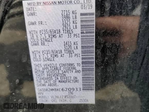 2019 Nissan Pathfinder Platinum z VIN 5N1DR2MM8KC620933, wystawiony jako Copart lot #70779515 z przebiegiem Nie podano mil oraz Szkoda całkowita • Salvage title. Historia ofert i sprzedaży dostępna na DreamBid. Obrazek 13.