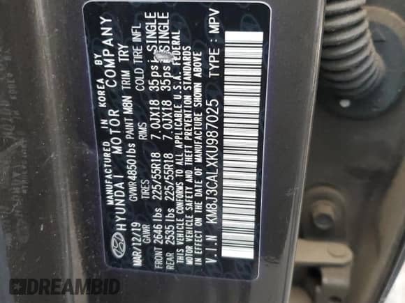 2019 Hyundai Tucson Ultimate with VIN KM8J3CALXKU987025, listed as a Copart auction lot 71664575 with 70,711 mi miles and Salvage title. Bid and sale history available at DreamBid. Image 12.