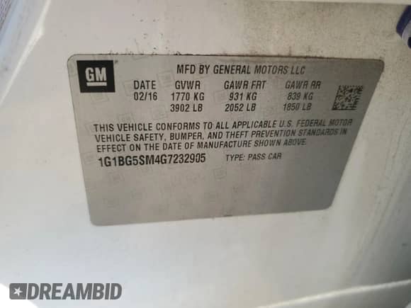 2016 Chevrolet Cruze Premier с VIN 1G1BG5SM4G7232905, выставлен на аукционе Copart как лот 62893295 с пробегом 93 444 миль миль и Списание • Salvage title. История ставок и продаж доступна на DreamBid. Изображение 12.