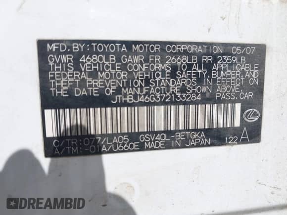 2007 Lexus ES 330 with VIN JTHBJ46G372133284, listed as a IAAI auction lot 43246202 with 123,597 mi miles and . Bid and sale history available at DreamBid. Image 9.