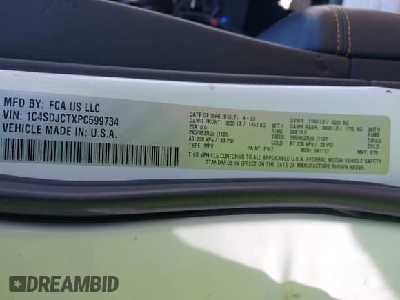 2023 Dodge Durango R/T Plus z VIN 1C4SDJCTXPC599734, wystawiony jako IAAI lot #42951657 z przebiegiem 36 506 mil mil oraz . Historia ofert i sprzedaży dostępna na DreamBid. Obrazek 9.