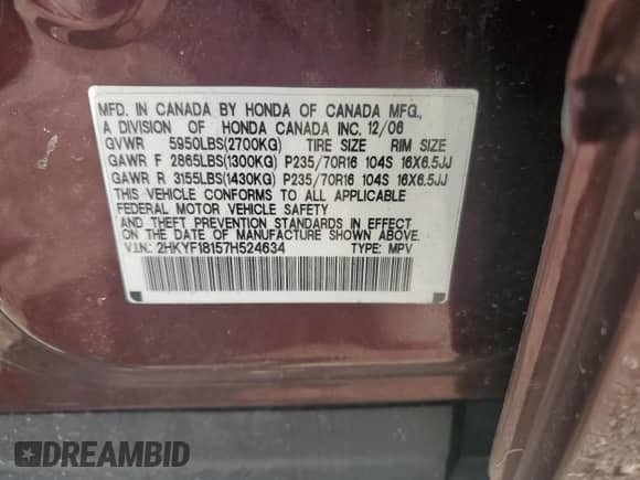 2007 Honda Pilot LX с VIN 2HKYF18157H524634, выставлен на аукционе Copart как лот 66352685 с пробегом 228 684 миль миль и Чистый • Clean title. История ставок и продаж доступна на DreamBid. Изображение 13.