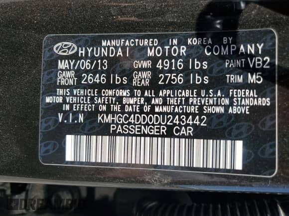 2013 Hyundai Genesis 3.8L with VIN KMHGC4DD0DU243442, listed as a Copart auction lot 66400245 with 146,494 mi miles and Salvage title. Bid and sale history available at DreamBid. Image 13.