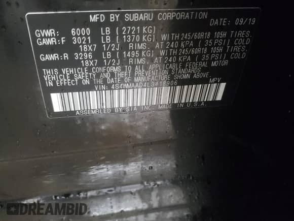 2020 Subaru Ascent с VIN 4S4WMAAD4L3418906, выставлен на аукционе Copart как лот 40624163 с пробегом 54 437 миль миль и . История ставок и продаж доступна на DreamBid. Изображение 12.