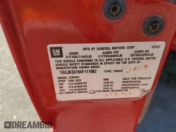 2004 Chevrolet Silverado 3500 DRW с VIN 1GCJK33194F111962, выставлен на аукционе Copart как лот 70852714 с пробегом 268 558 миль миль и Списание • Salvage title. История ставок и продаж доступна на DreamBid. Изображение 12.