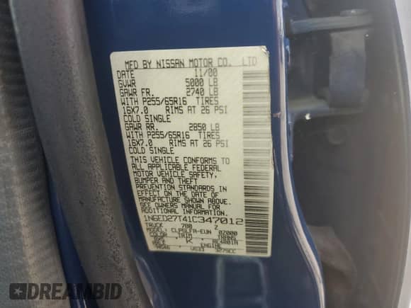 2001 Nissan Frontier SE with VIN 1N6ED27T41C347012, listed as a Copart auction lot 59388375 with 284,480 mi miles and Salvage title. Bid and sale history available at DreamBid. Image 12.