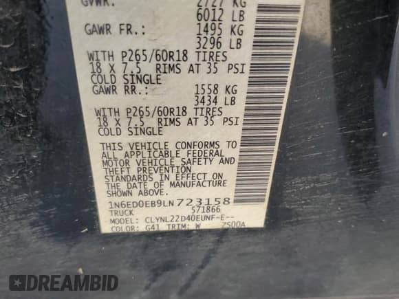 2020 Nissan Frontier SV with VIN 1N6ED0EB9LN723158, listed as a Copart auction lot 68305105 with 95,087 mi miles and Clean title. Bid and sale history available at DreamBid. Image 13.