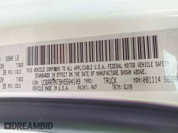 2017 Ram 1500 Laramie with VIN 1C6RR7NT9HS504109, listed as a IAAI auction lot 43395466 with 123,636 mi miles and . Bid and sale history available at DreamBid. Image 9.