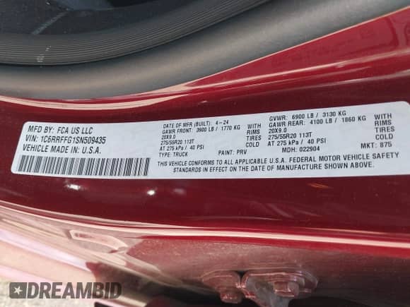 2025 Ram 1500 Big Horn z VIN 1C6RRFFG1SN509435, wystawiony jako IAAI lot #42658494 z przebiegiem 8 021 mil mil oraz . Historia ofert i sprzedaży dostępna na DreamBid. Obrazek 9.