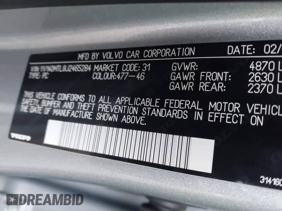 2018 Volvo S60 Dynamic с VIN YV140MTL8J2465284, выставлен на аукционе IAAI как лот 41301104 с пробегом 107 227 миль миль и . История ставок и продаж доступна на DreamBid. Изображение 9.