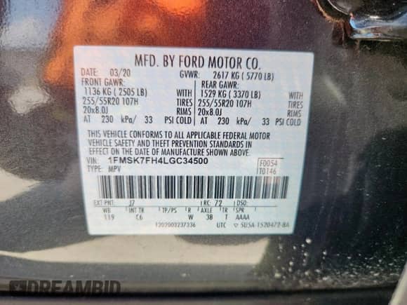 2020 Ford Explorer Limited z VIN 1FMSK7FH4LGC34500, wystawiony jako Copart lot #81243125 z przebiegiem 40 372 mil mil oraz Czysty tytuł • Clean title. Historia ofert i sprzedaży dostępna na DreamBid. Obrazek 14.