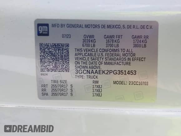 2023 Chevrolet Silverado 1500 Work Truck z VIN 3GCNAAEK2PG351453, wystawiony jako IAAI lot #43452368 z przebiegiem 158 230 mil mil oraz . Historia ofert i sprzedaży dostępna na DreamBid. Obrazek 4.
