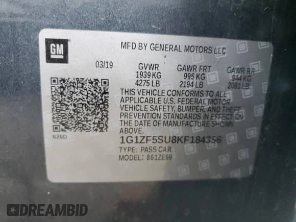 2019 Chevrolet Malibu Hybrid с VIN 1G1ZF5SU8KF184356, выставлен на аукционе Copart как лот 73714374 с пробегом 70 401 миль миль и Списание • Salvage title. История ставок и продаж доступна на DreamBid. Изображение 13.