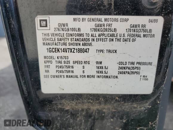 1999 Chevrolet Silverado 1500 с VIN 1GCEK14V7XZ188047, выставлен на аукционе Copart как лот 70703395 с пробегом 135 290 миль миль и На запчасти • Non repairable. История ставок и продаж доступна на DreamBid. Изображение 12.