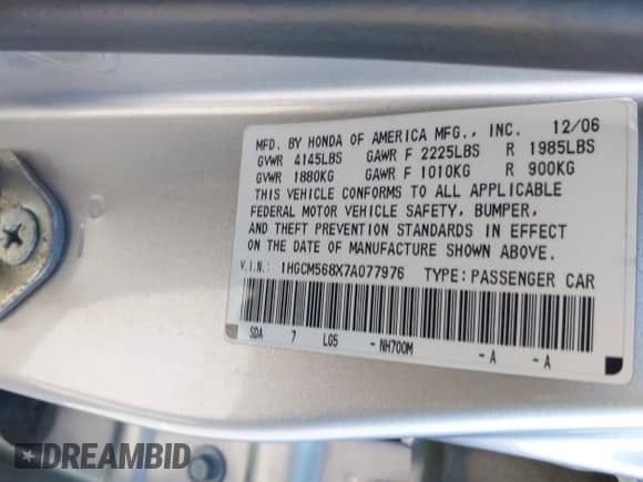 2007 Honda Accord EX-L with VIN 1HGCM568X7A077976, listed as a IAAI auction lot 43485913 with 279,093 mi miles and . Bid and sale history available at DreamBid. Image 9.
