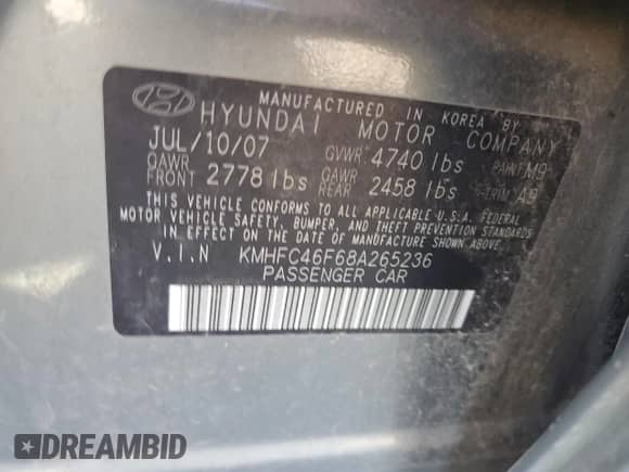 2008 Hyundai Azera Limited z VIN KMHFC46F68A265236, wystawiony jako Copart lot #67547515 z przebiegiem 161 170 mil mil oraz Szkoda całkowita • Salvage title. Historia ofert i sprzedaży dostępna na DreamBid. Obrazek 12.