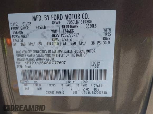 2008 Ford F-150 XL with VIN 1FTPX125X8KC77697, listed as a IAAI auction lot 42328619 with 178,574 mi miles and . Bid and sale history available at DreamBid. Image 9.