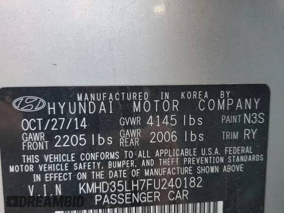 2015 Hyundai Elantra with VIN KMHD35LH7FU240182, listed as a Copart auction lot 70605954 with 50,480 mi miles and Salvage title. Bid and sale history available at DreamBid. Image 12.