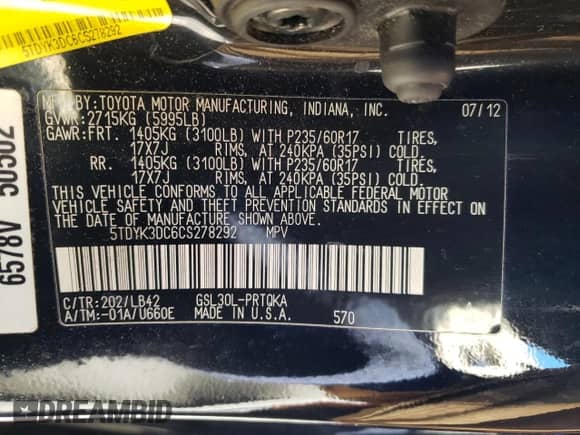 2012 Toyota Sienna XLE z VIN 5TDYK3DC6CS278292, wystawiony jako Copart lot #52770125 z przebiegiem 219 699 mil mil oraz Szkoda całkowita • Salvage title. Historia ofert i sprzedaży dostępna na DreamBid. Obrazek 28.