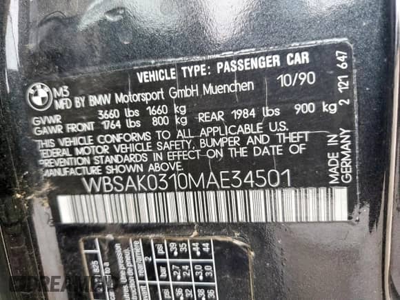 1991 BMW M3 с VIN WBSAK0310MAE34501, выставлен на аукционе Copart как лот 45642275 с пробегом 129 936 миль миль и Чистый • Clean title. История ставок и продаж доступна на DreamBid. Изображение 13.