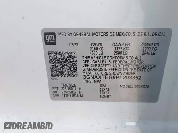 2023 Chevrolet Equinox LT с VIN 3GNAXTEG9PL203352, выставлен на аукционе IAAI как лот 43063493 с пробегом 32 216 миль миль и . История ставок и продаж доступна на DreamBid. Изображение 9.