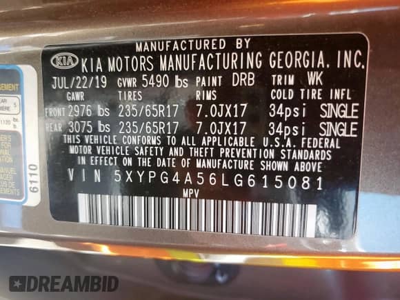 2020 Kia Sorento LX with VIN 5XYPG4A56LG615081, listed as a Copart auction lot 67124905 with 117,290 mi miles and Clean title. Bid and sale history available at DreamBid. Image 13.