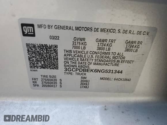 2022 Chevrolet Silverado 1500 Custom with VIN 3GCPDBEK6NG531344, listed as a Copart auction lot 82001335 with 64,129 mi miles and Salvage title. Bid and sale history available at DreamBid. Image 12.