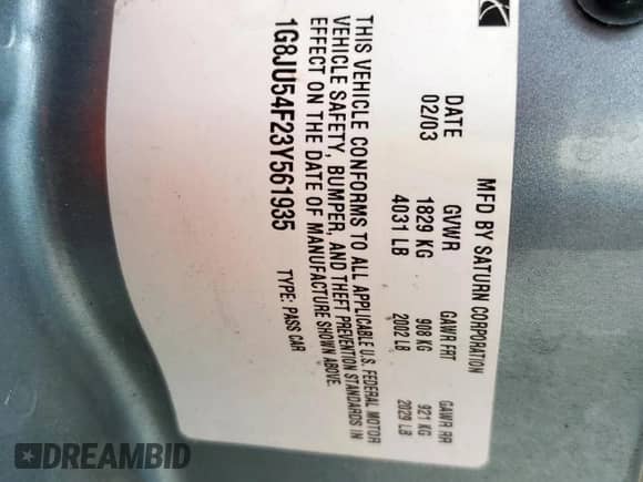 2003 Saturn LS с VIN 1G8JU54F23Y561935, выставлен на аукционе Copart как лот 70630475 с пробегом 61 390 миль миль и Чистый • Clean title. История ставок и продаж доступна на DreamBid. Изображение 12.