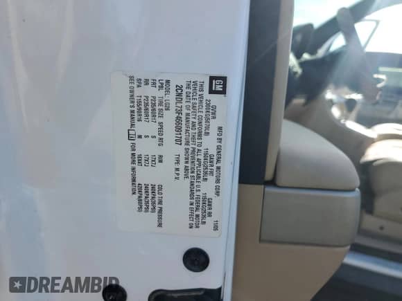 2006 Chevrolet Equinox LT с VIN 2CNDL73F466091707, выставлен на аукционе Copart как лот 75862674 с пробегом 163 782 миль миль и Списание • Salvage title. История ставок и продаж доступна на DreamBid. Изображение 13.