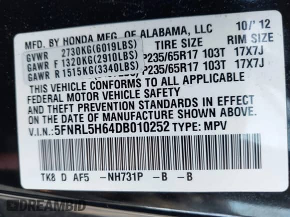 2013 Honda Odyssey EX-L с VIN 5FNRL5H64DB010252, выставлен на аукционе IAAI как лот 43171857 с пробегом 153 011 миль миль и . История ставок и продаж доступна на DreamBid. Изображение 9.