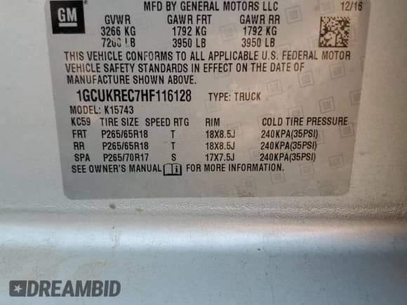 2017 Chevrolet Silverado 1500 LT z VIN 1GCUKREC7HF116128, wystawiony jako Copart lot #81398405 z przebiegiem 143 219 mil mil oraz Szkoda całkowita • Salvage title. Historia ofert i sprzedaży dostępna na DreamBid. Obrazek 12.