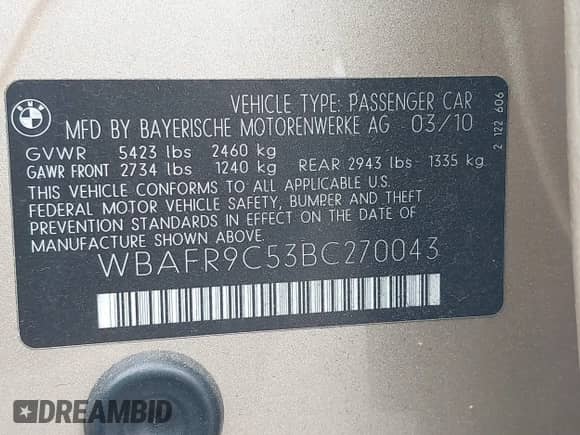 2011 BMW 5 Series 550i с VIN WBAFR9C53BC270043, выставлен на аукционе IAAI как лот 43431633 с пробегом 78 568 миль миль и . История ставок и продаж доступна на DreamBid. Изображение 9.