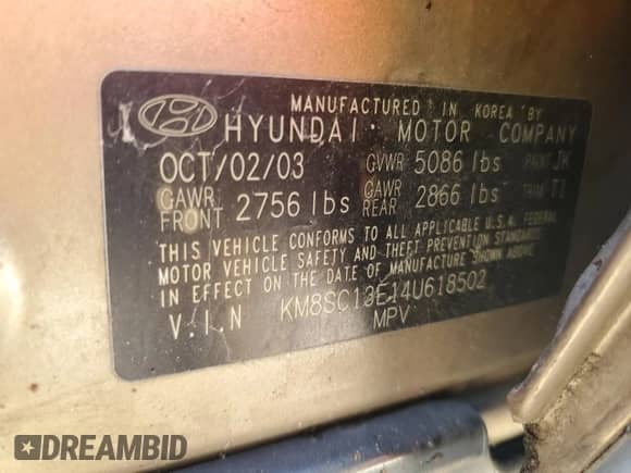 2004 Hyundai Santa Fe GLS с VIN KM8SC13E14U618502, выставлен на аукционе Copart как лот 53357435 с пробегом 160 672 миль миль и Списание • Salvage title. История ставок и продаж доступна на DreamBid. Изображение 13.