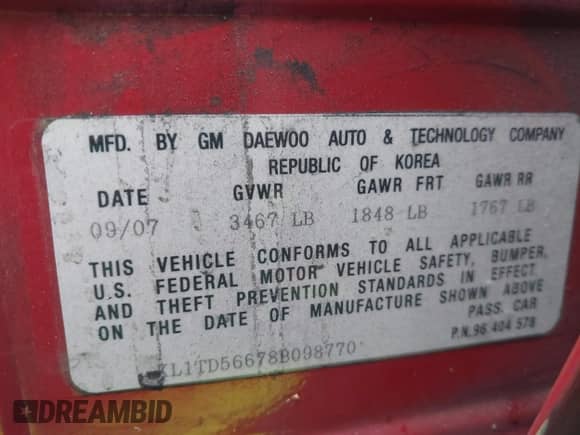 2008 Chevrolet Aveo LS with VIN KL1TD56678B098770, listed as a IAAI auction lot 43359530 with 186,358 mi miles and . Bid and sale history available at DreamBid. Image 9.