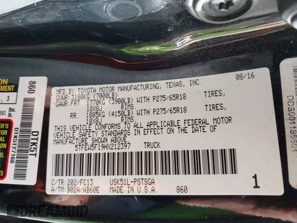 2017 Toyota Tundra SR5 z VIN 5TFEW5F19HX212397, wystawiony jako IAAI lot #41677878 z przebiegiem 150 986 mil mil oraz . Historia ofert i sprzedaży dostępna na DreamBid. Obrazek 9.