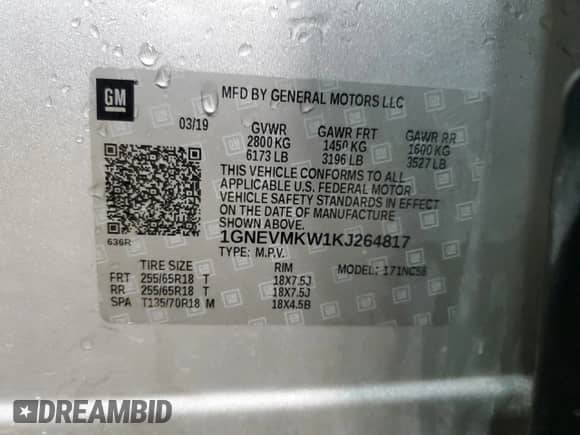 2019 Chevrolet Traverse LT Cloth with VIN 1GNEVMKW1KJ264817, listed as a Copart auction lot 46961895 with 341,821 mi miles and Clean title. Bid and sale history available at DreamBid. Image 13.