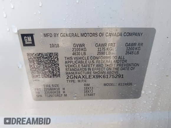 2019 Chevrolet Equinox LT with VIN 2GNAXLEX9K6175291, listed as a IAAI auction lot 43335575 with 77,340 mi miles and . Bid and sale history available at DreamBid. Image 9.