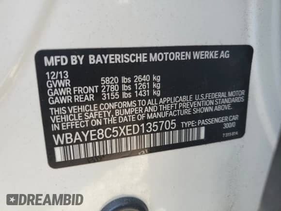 2014 BMW 7 Series ALPINA B7 with VIN WBAYE8C5XED135705, listed as a Copart auction lot 54414925 with 126,586 mi miles and Salvage title. Bid and sale history available at DreamBid. Image 12.