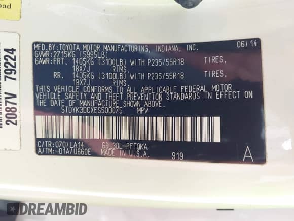 2014 Toyota Sienna XLE с VIN 5TDYK3DCXES500075, выставлен на аукционе IAAI как лот 43089193 с пробегом 176 124 миль миль и . История ставок и продаж доступна на DreamBid. Изображение 9.