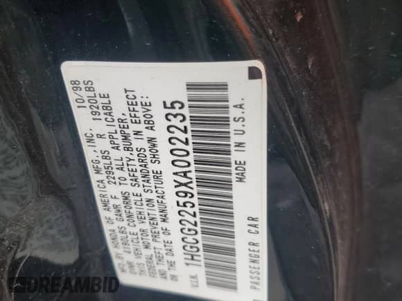 1999 Honda Accord EX z VIN 1HGCG2259XA002235, wystawiony jako Copart lot #56853225 z przebiegiem Nie podano mil oraz Szkoda całkowita • Salvage title. Historia ofert i sprzedaży dostępna na DreamBid. Obrazek 12.