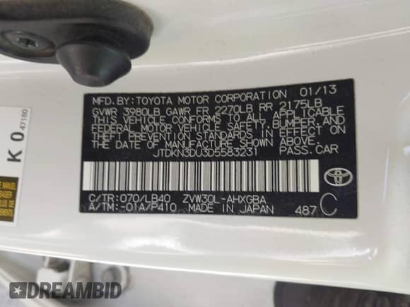 2013 Toyota Prius One z VIN JTDKN3DU3D5583231, wystawiony jako IAAI lot #42256796 z przebiegiem 279 931 mil mil oraz . Historia ofert i sprzedaży dostępna na DreamBid. Obrazek 9.