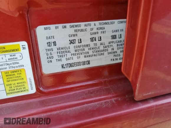 2011 Chevrolet Aveo LS z VIN KL1TD6DE6BB188130, wystawiony jako Copart lot #77906444 z przebiegiem 123 792 mil mil oraz Szkoda całkowita • Salvage title. Historia ofert i sprzedaży dostępna na DreamBid. Obrazek 12.