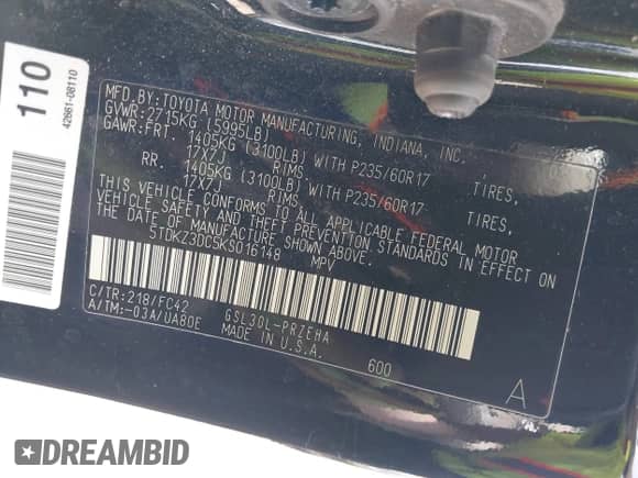 2019 Toyota Sienna LE Auto Access Seat z VIN 5TDKZ3DC5KS016148, wystawiony jako IAAI lot #43114678 z przebiegiem 259 719 mil mil oraz . Historia ofert i sprzedaży dostępna na DreamBid. Obrazek 9.