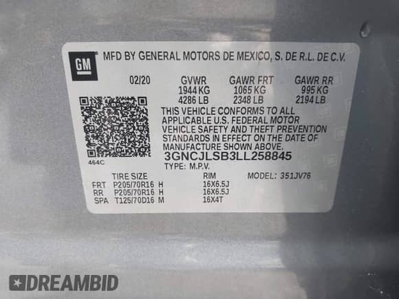 2020 Chevrolet Trax LT with VIN 3GNCJLSB3LL258845, listed as a IAAI auction lot 42633209 with 47,085 mi miles and . Bid and sale history available at DreamBid. Image 9.